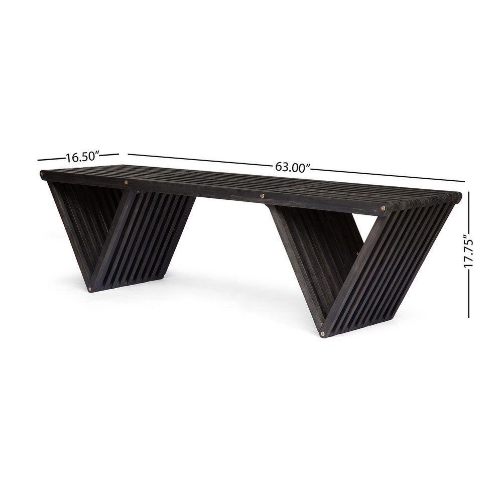 Riah Outdoor Bench, Slat Design, Angled 63" Dark Gray Wood