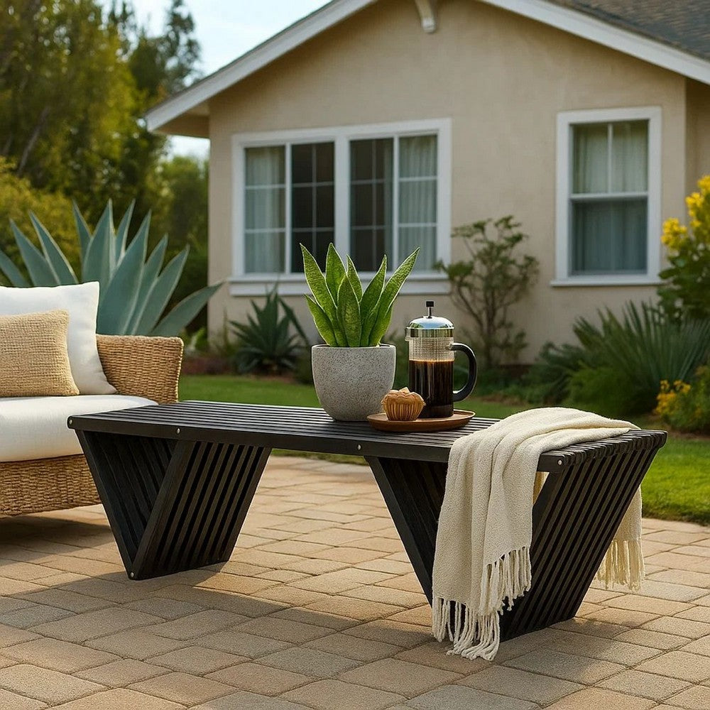 Riah Outdoor Bench, Slat Design, Angled 63" Dark Gray Wood
