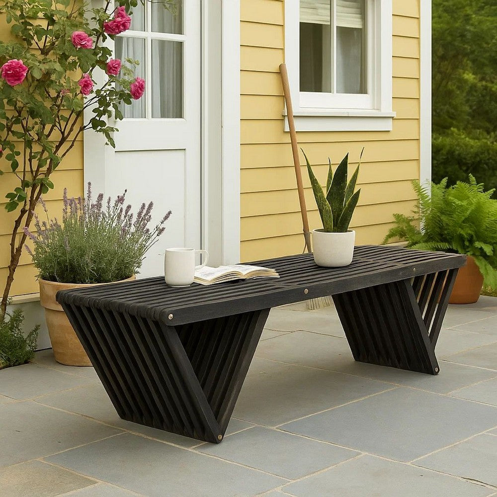 Riah Outdoor Bench, Slat Design, Angled 63" Dark Gray Wood