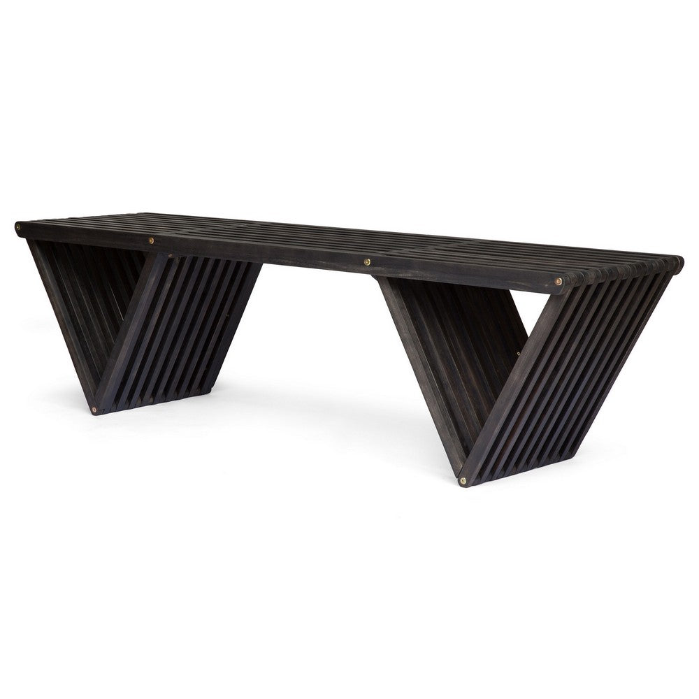 Riah Outdoor Bench, Slat Design, Angled 63" Dark Gray Wood