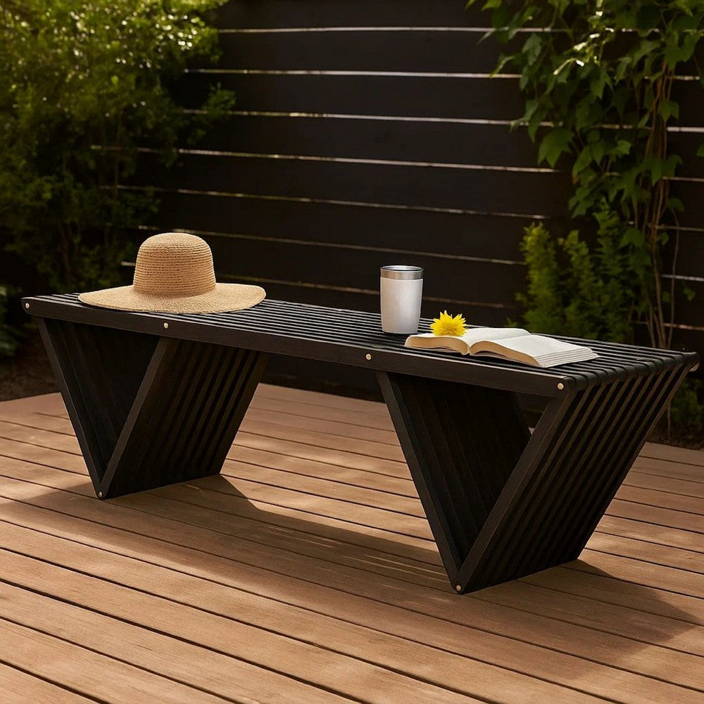 Riah Outdoor Bench, Slat Design, Angled 63" Dark Gray Wood