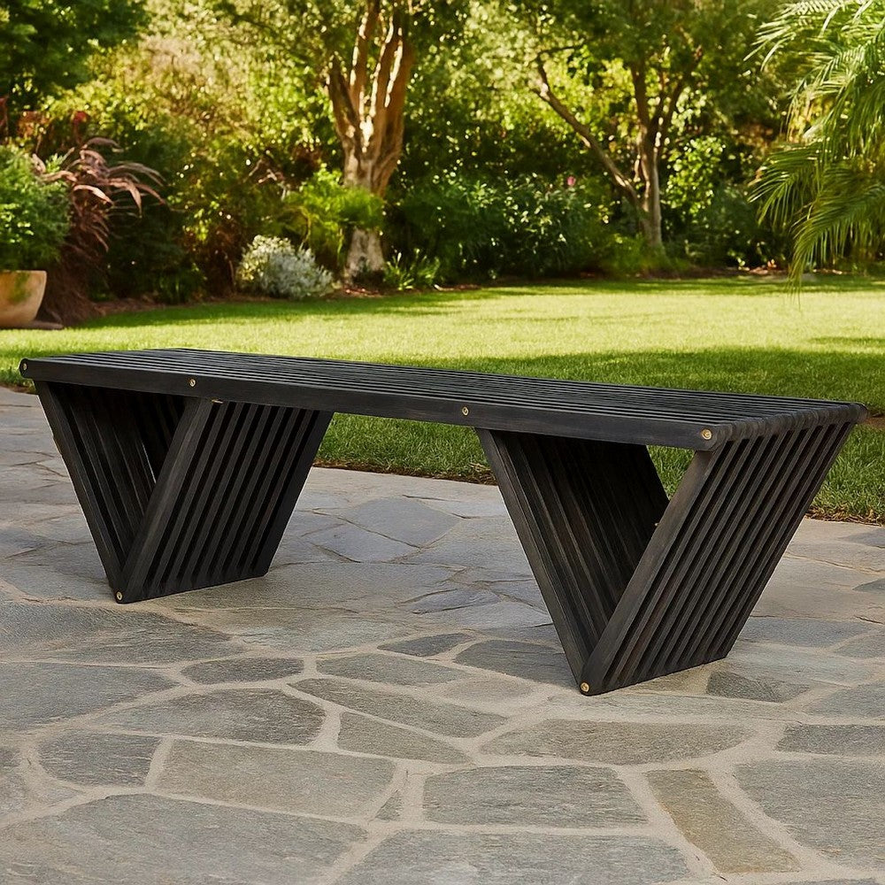 Riah Outdoor Bench, Slat Design, Angled 63" Dark Gray Wood
