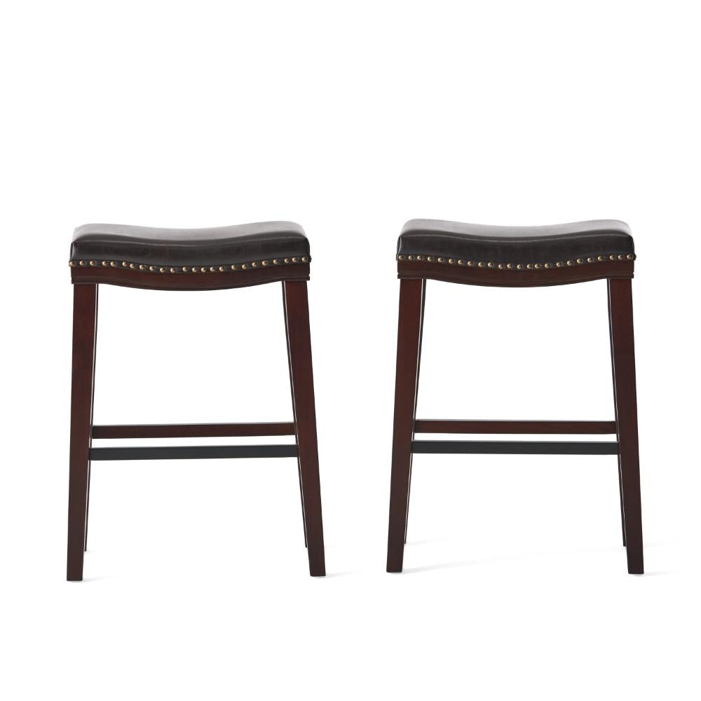 Clare Barstool Set of 2, Black Faux Leather, Nailhead Trim, Dark Brown