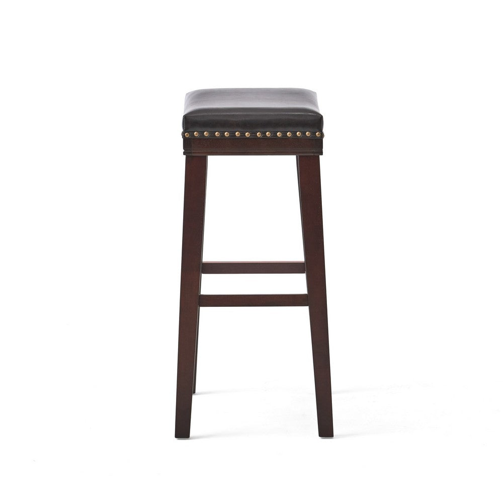 Clare Barstool Set of 2, Black Faux Leather, Nailhead, Brown