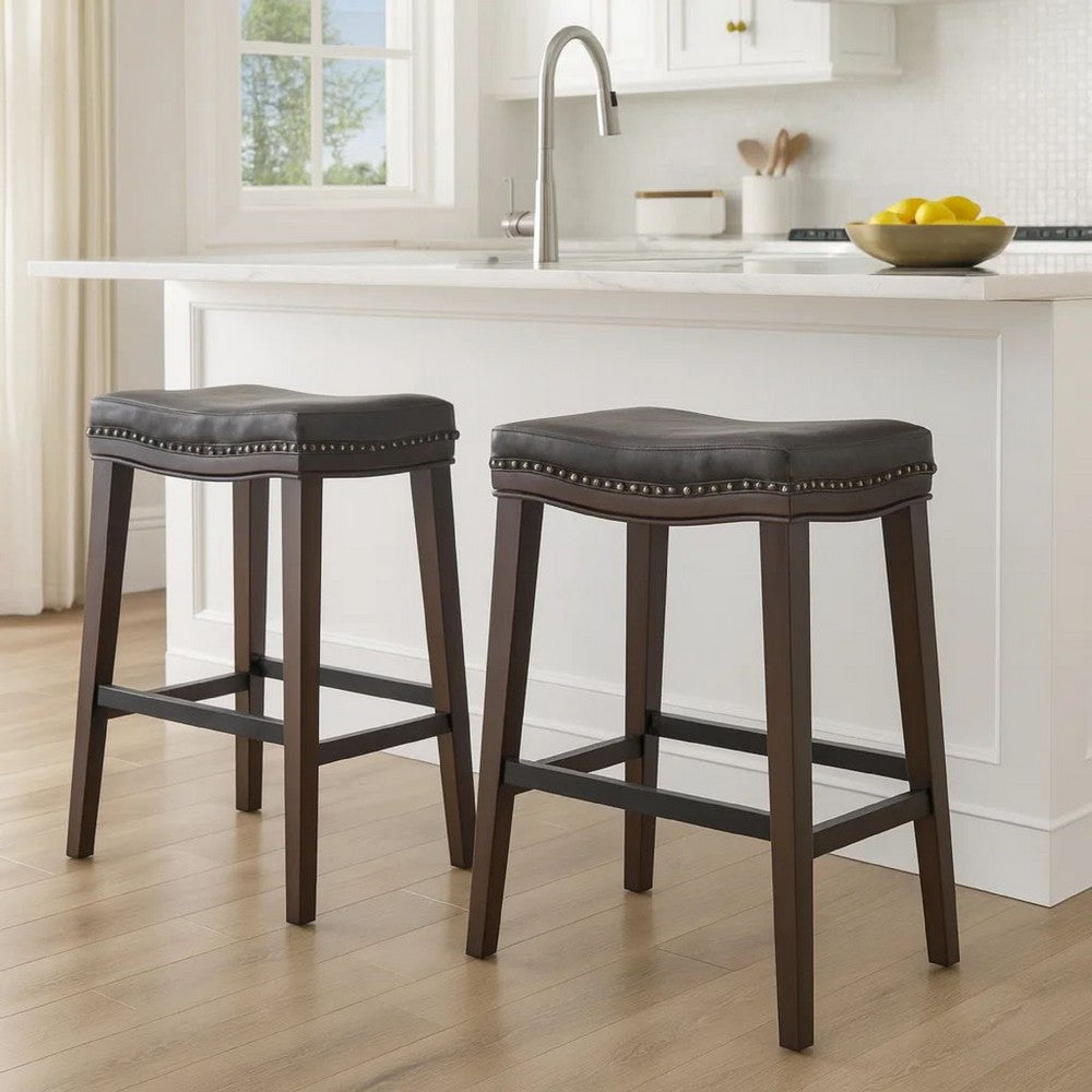 Clare Barstool Set of 2, Black Faux Leather, Nailhead Trim, Dark Brown