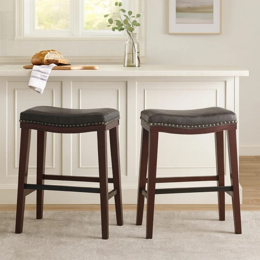 Clare Barstool Set of 2, Black Faux Leather, Nailhead Trim, Dark Brown