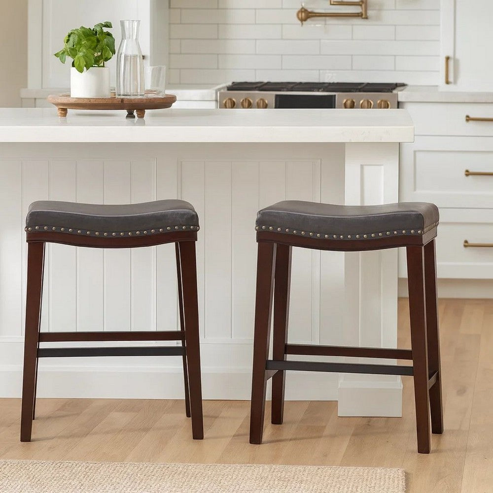 Clare Barstool Set of 2, Black Faux Leather, Nailhead, Brown