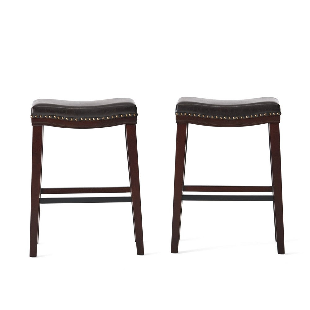 Clare Barstool Set of 2, Black Faux Leather, Nailhead, Brown