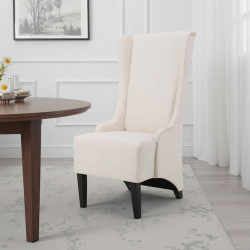 Becca Dining Chair, Beige Fabric, High Wingback, Tapered Black Legs