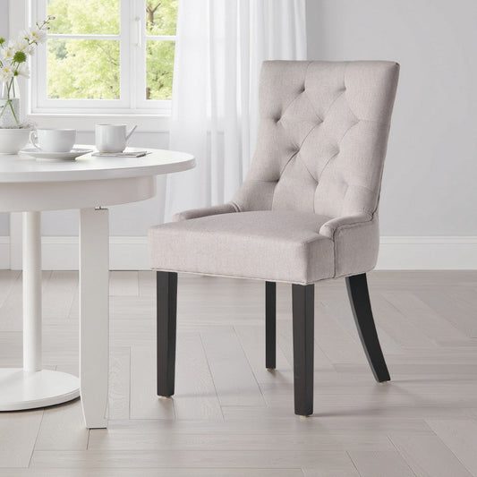 Chen Dining Chair Set of 2, Light Gray Fabric, Tufted Back, Wood Frame