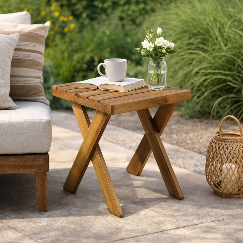 Harley Outdoor Side Table, X Legs, Square 18" Brown Wood