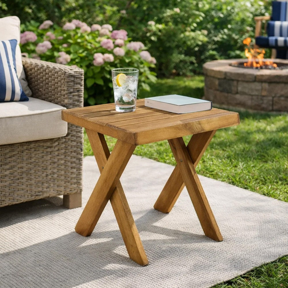 Harley Outdoor Side Table, X Legs, Square 18" Brown Wood