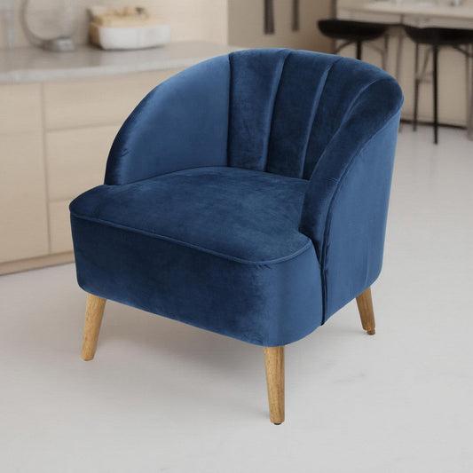 Shale Accent Chair, Navy Blue Velvet, Curved Backrest, Brown Wood Legs