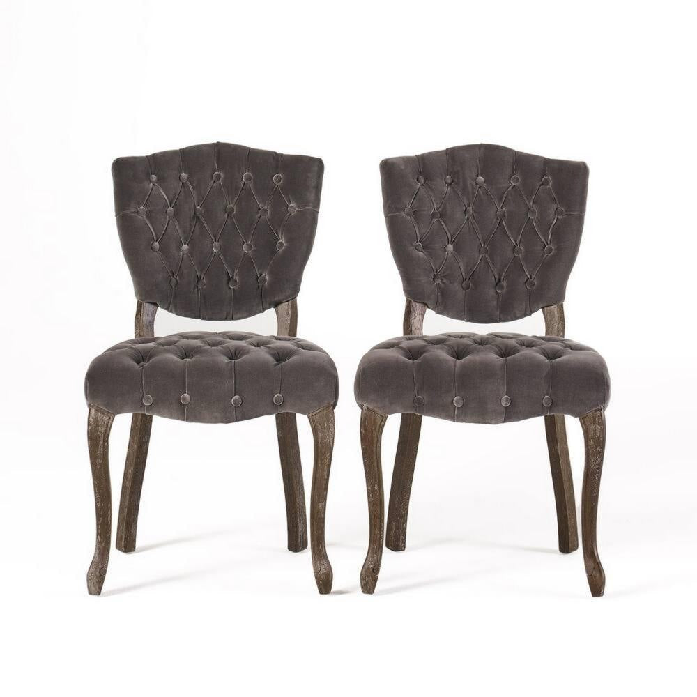 Jette Dining Chair Set of 2, Charcoal Gray Tufted Velvet, Brown Wood