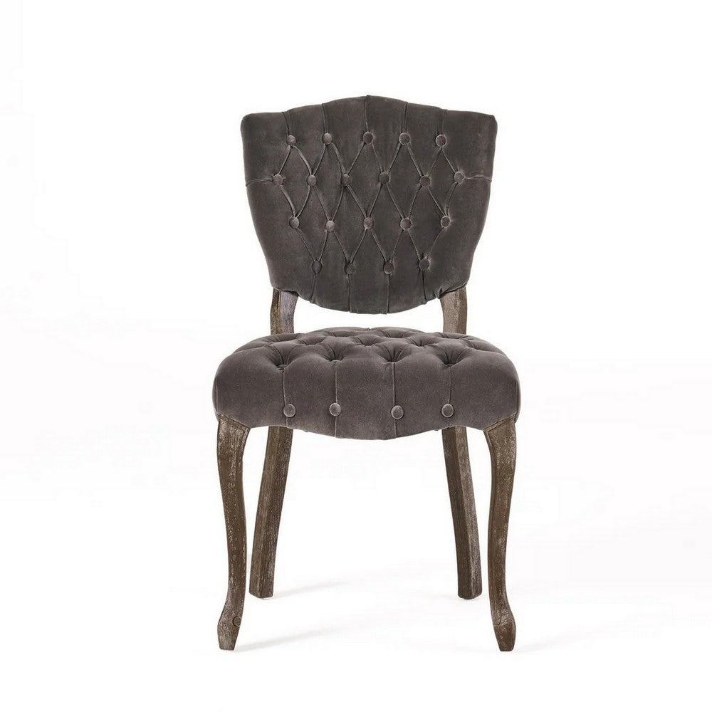 Jette Dining Chair Set of 2, Gray Tufted Velvet, Brown Wood