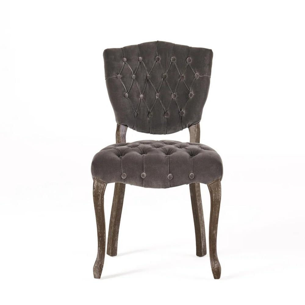 Jette Dining Chair Set of 2 Charcoal Gray Tufted Velvet Brown Wood BM323615