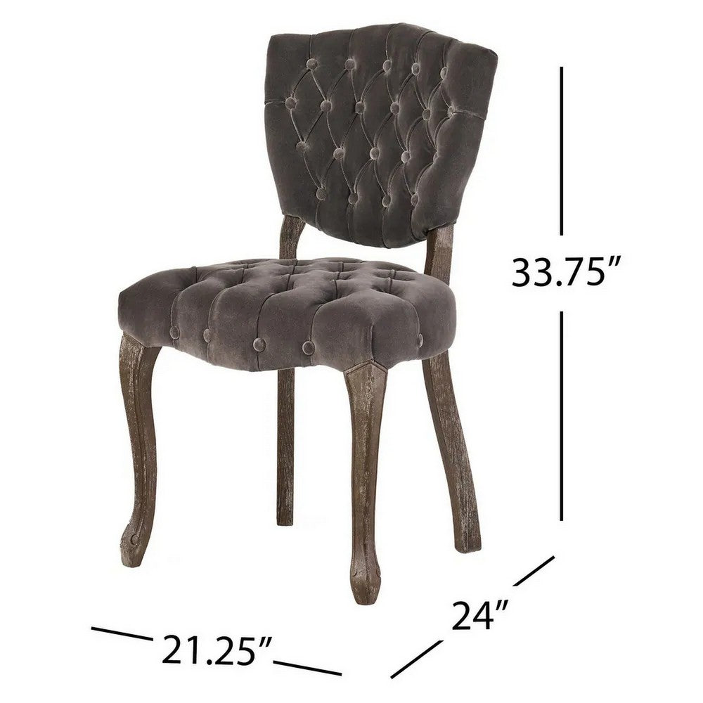 Jette Dining Chair Set of 2, Gray Tufted Velvet, Brown Wood