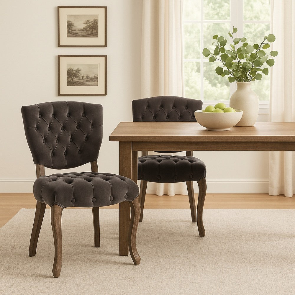 Jette Dining Chair Set of 2, Gray Tufted Velvet, Brown Wood