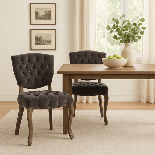 Jette Dining Chair Set of 2, Charcoal Gray Tufted Velvet, Brown Wood