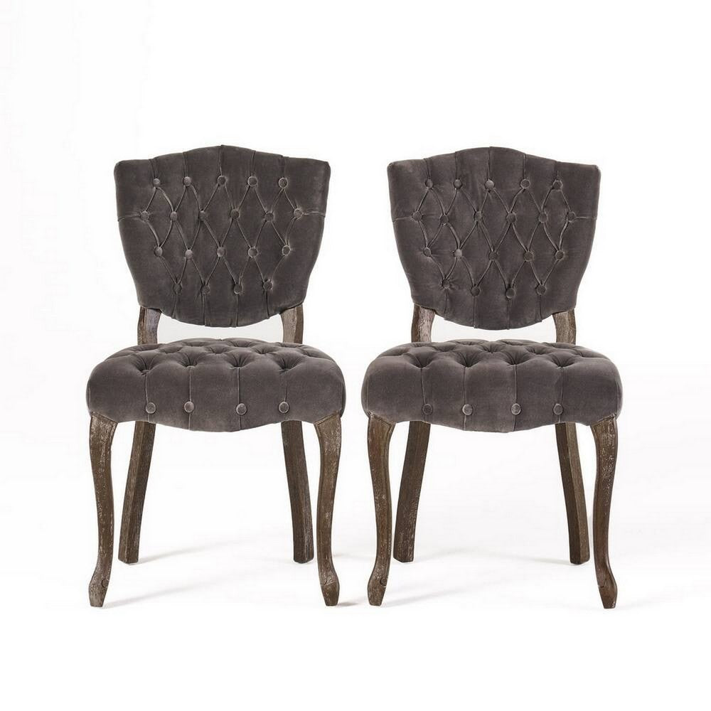 Jette Dining Chair Set of 2, Gray Tufted Velvet, Brown Wood