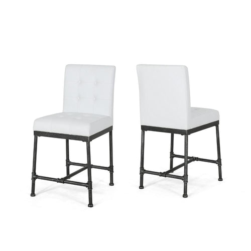 Bruke Counter Height Chair Set of 2, White Tufted Faux Leather, Metal
