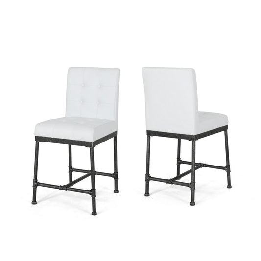 Bruke Counter Height Chair Set of 2, White Tufted Faux Leather, Metal