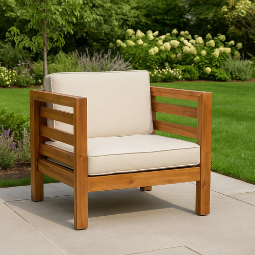 Carie Outdoor Accent Chair, Beige Cushions Brown Acacia Wood