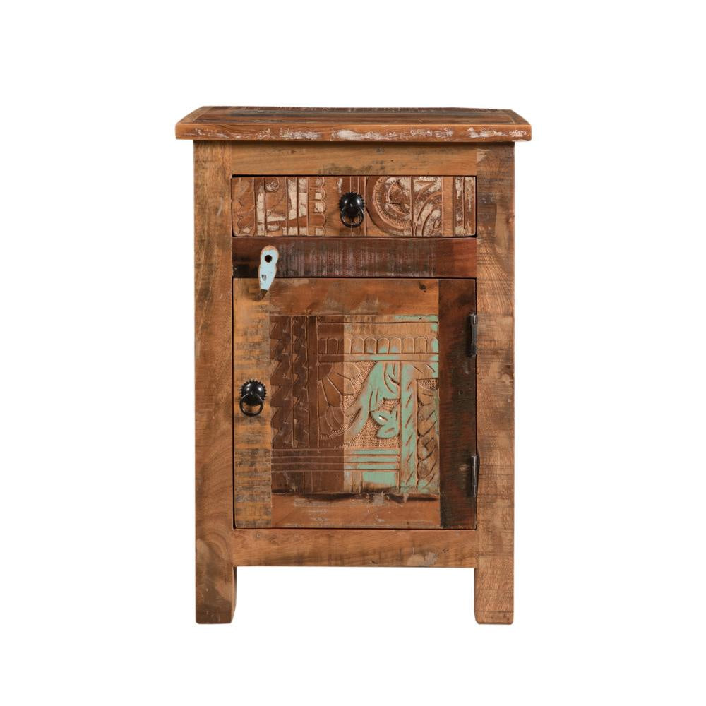 Cherry End Table Distressed Painted Drawer and Cabinet Brown Wood BM323629