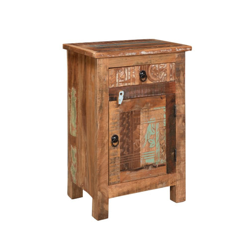 Cherry End Table, Distressed Painted Drawer and Cabinet, Brown Wood