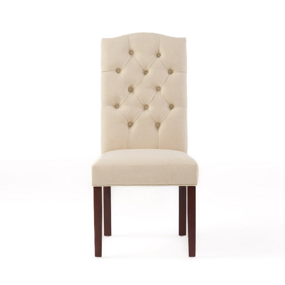 Kevy Dining Chair Set of 2, Brown Solid Wood, Ivory Linen