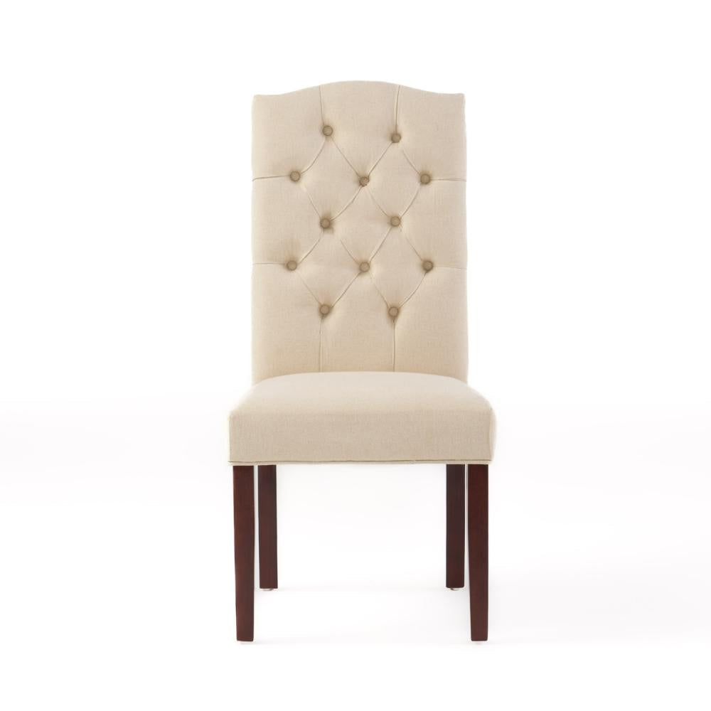 Kevy Dining Chair Set of 2 Brown Solid Wood Ivory Tufted Linen