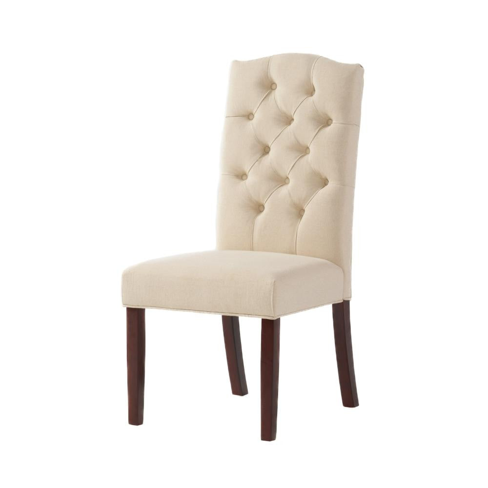Kevy Dining Chair Set of 2 Brown Solid Wood Ivory Tufted Linen