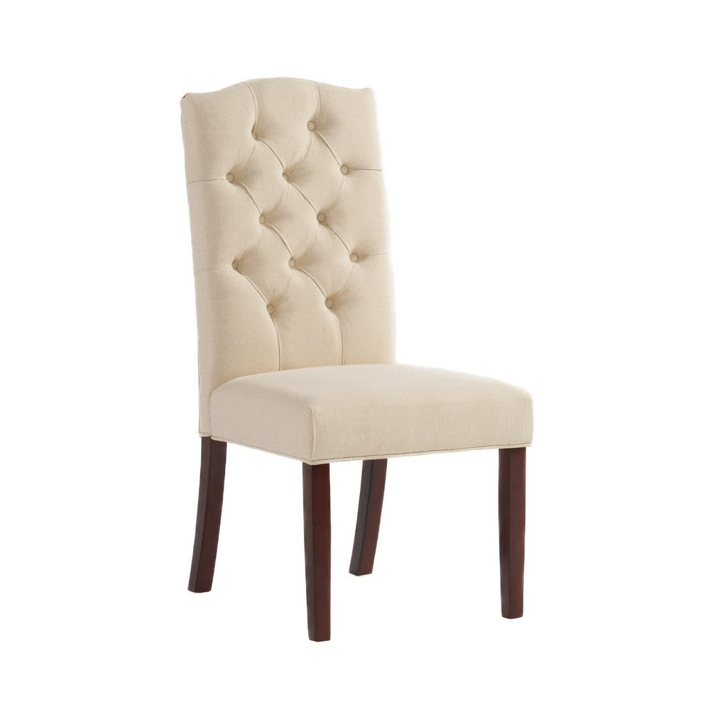 Kevy Dining Chair Set of 2, Brown Solid Wood, Ivory Linen
