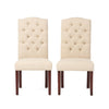 Kevy Dining Chair Set of 2, Brown Solid Wood, Ivory Tufted Linen