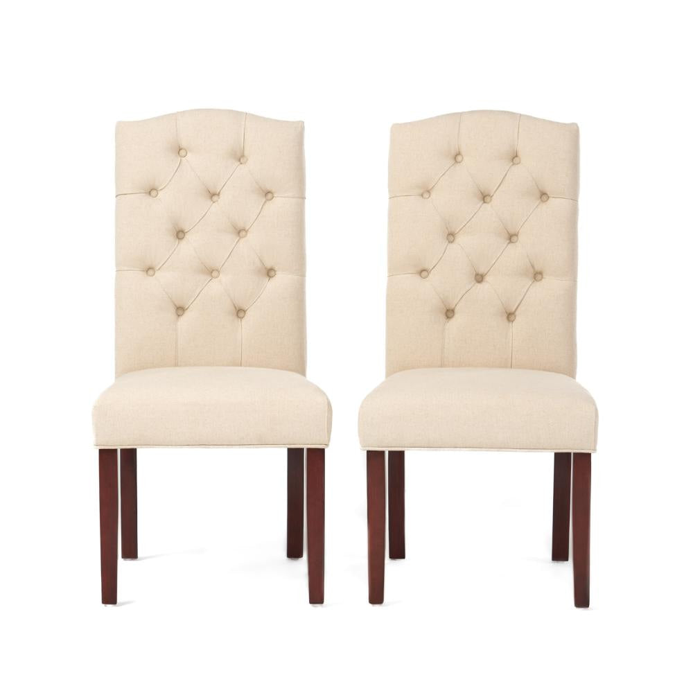 Kevy Dining Chair Set of 2, Brown Solid Wood, Ivory Tufted Linen