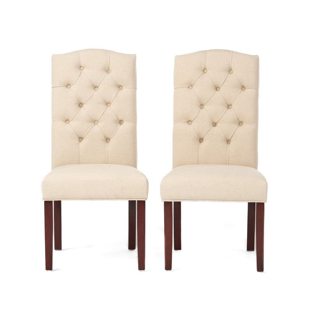 Kevy Dining Chair Set of 2, Brown Solid Wood, Ivory Linen