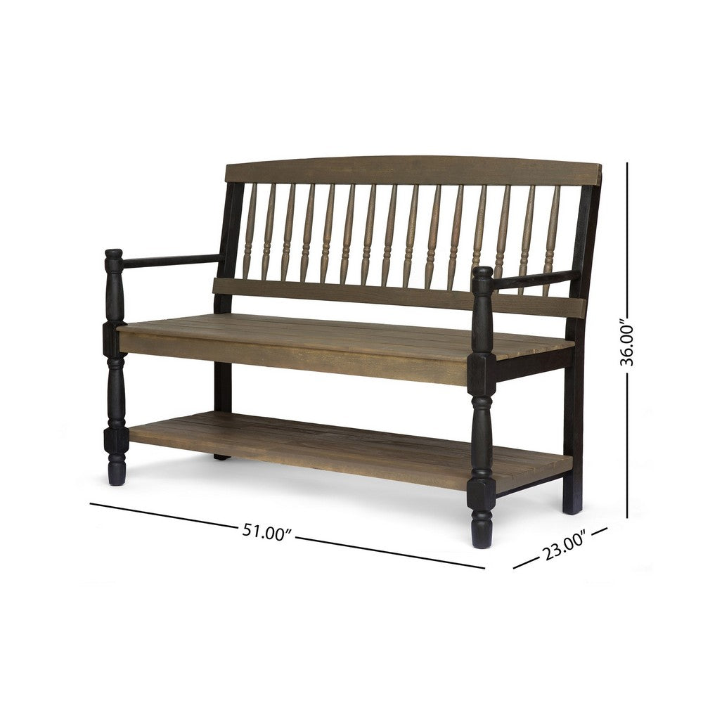 Ikra Outdoor Bench, Built-In Shelf, 51" Gray Black Wood
