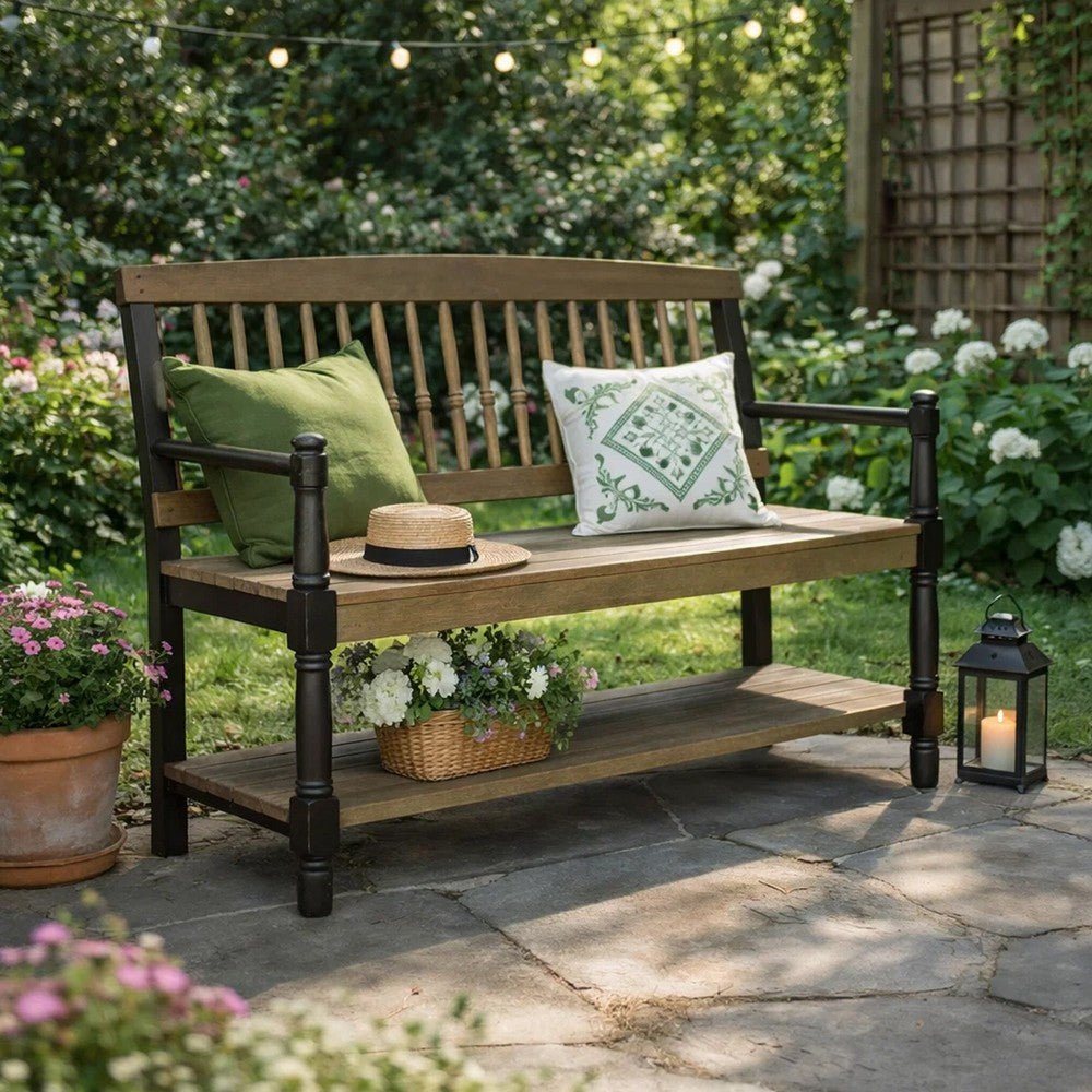 Ikra Outdoor Bench, Built-In Shelf, 51" Gray Black Wood