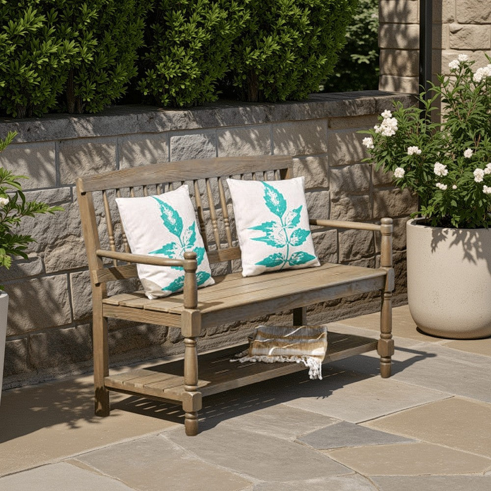 Ikra Outdoor Bench, Built-In Shelf, 51 Inch, Carved Gray Acacia Wood