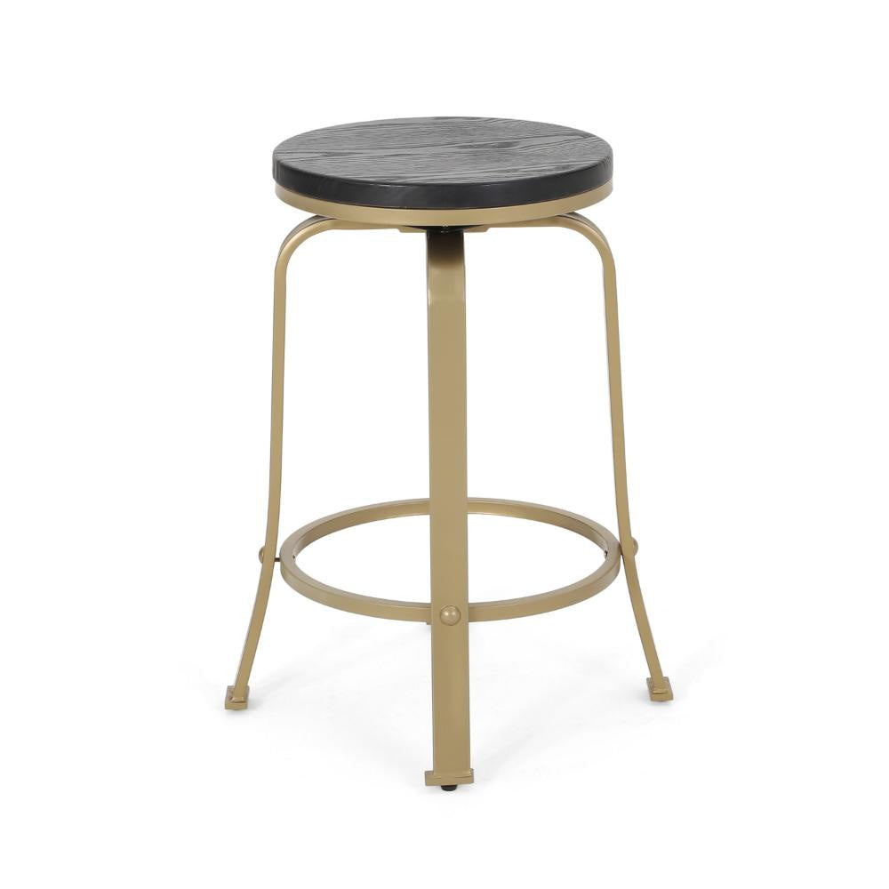 Andie Swivel Counter Stool Black Faux Wood Compact Gold Iron Frame