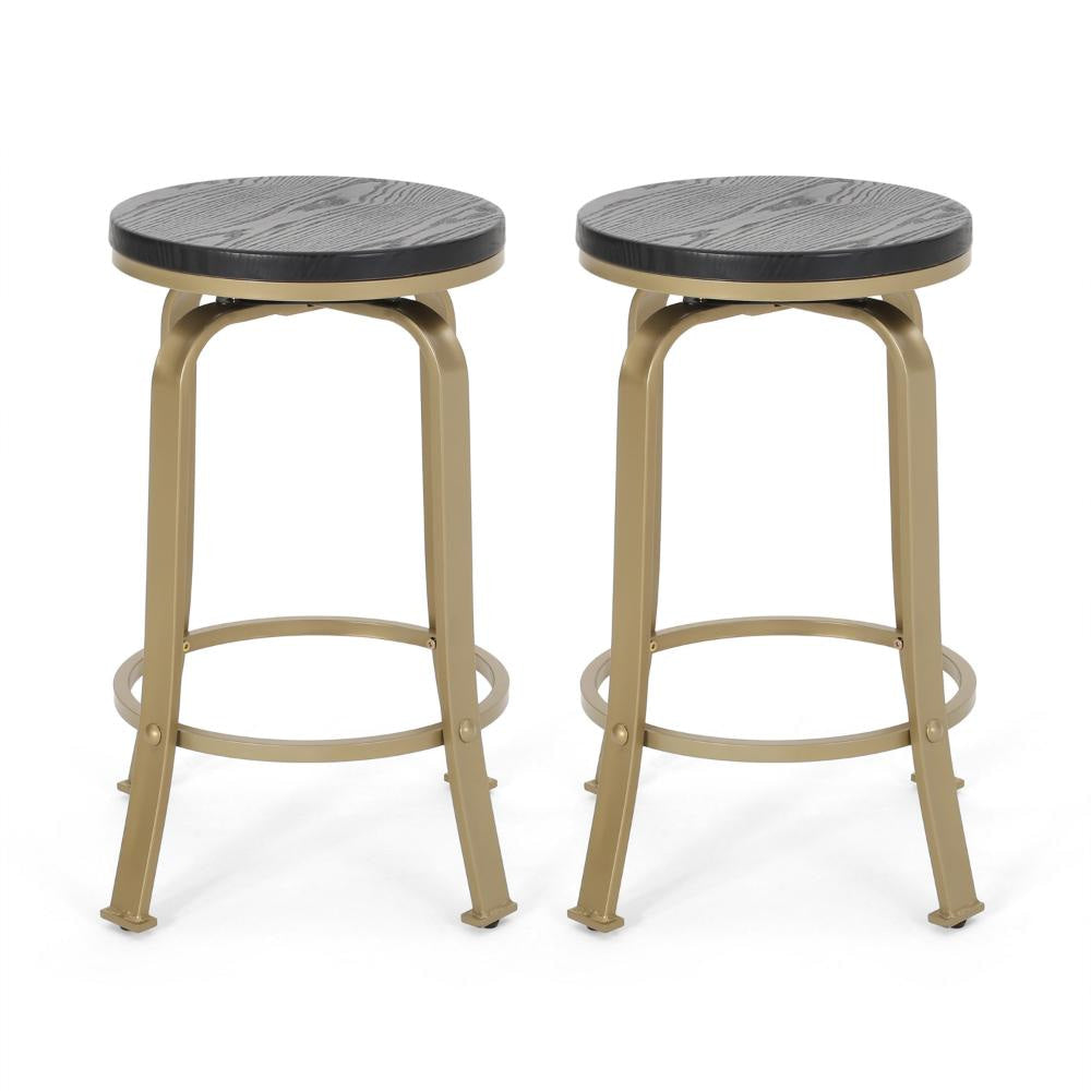 Andie Swivel Counter Stool, Black Faux Wood, Compact Gold Iron Frame