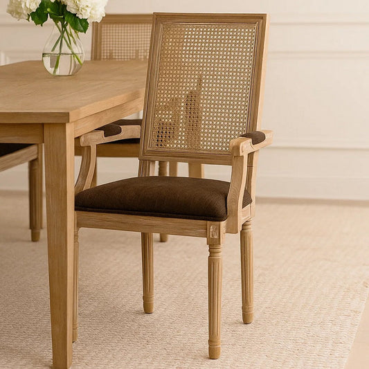 Amme Dining Chair Set of 2, Cane Backrest, Rubberwood, Brown Polyester