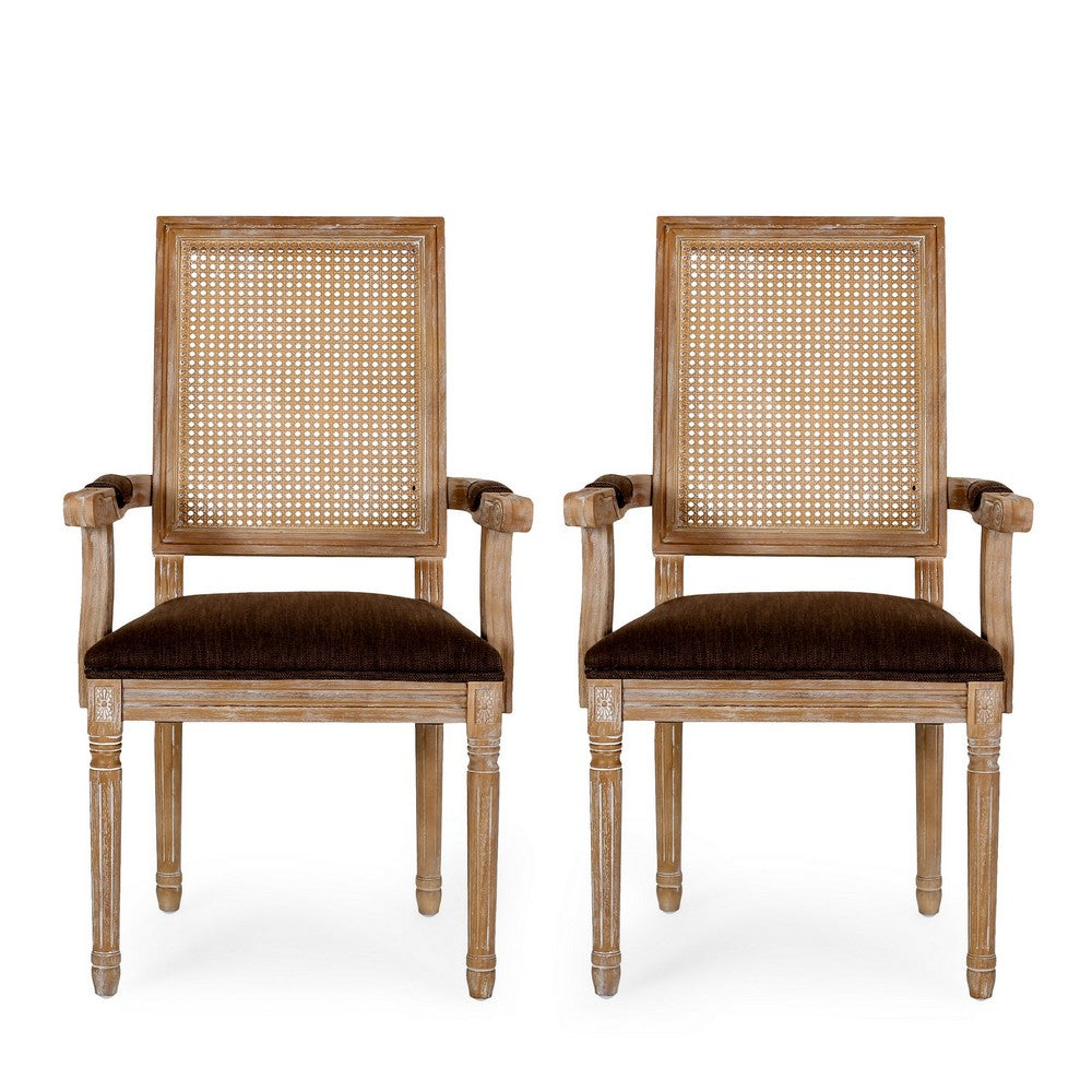 Amme Dining Chair Set of 2, Rubberwood, Brown Polyester