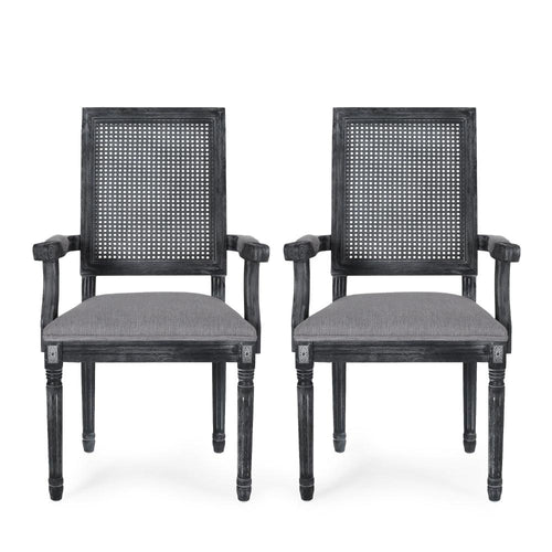 Amme Dining Chair Set of 2, Cane Backrest, Rubberwood, Gray Polyester