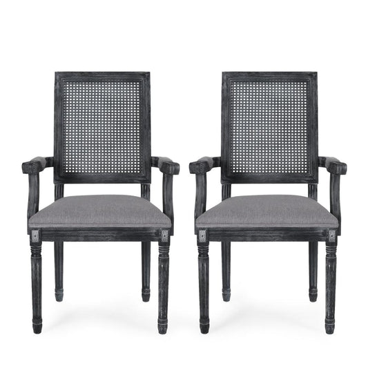 Amme Dining Chair Set of 2, Cane Backrest, Rubberwood, Gray Polyester