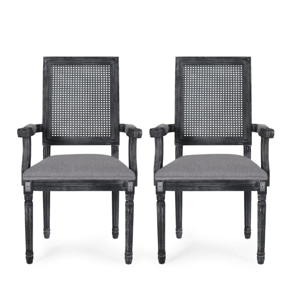 Amme Dining Chair Set of 2, Cane Backrest, Rubberwood, Gray Polyester