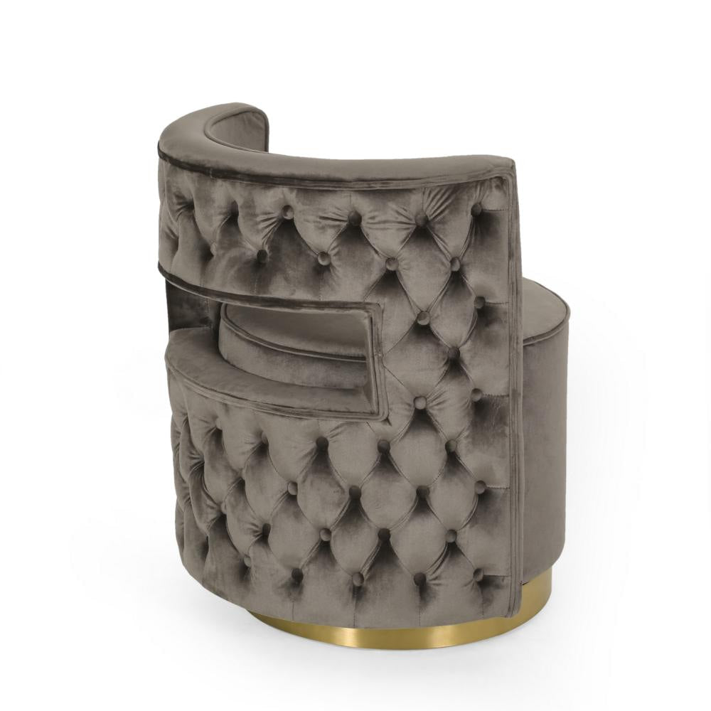 Viki Swivel Armchair Round Open Back Gold Metal Gray Tufted Velvet