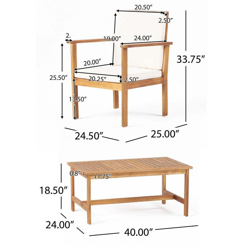 3pc Set with 2 Club Chairs, Coffee Table, Acacia Wood, Cream