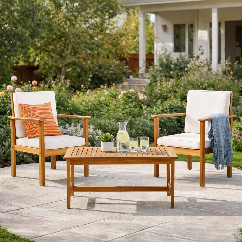 3pc Set with 2 Club Chairs, Coffee Table, Acacia Wood, Cream