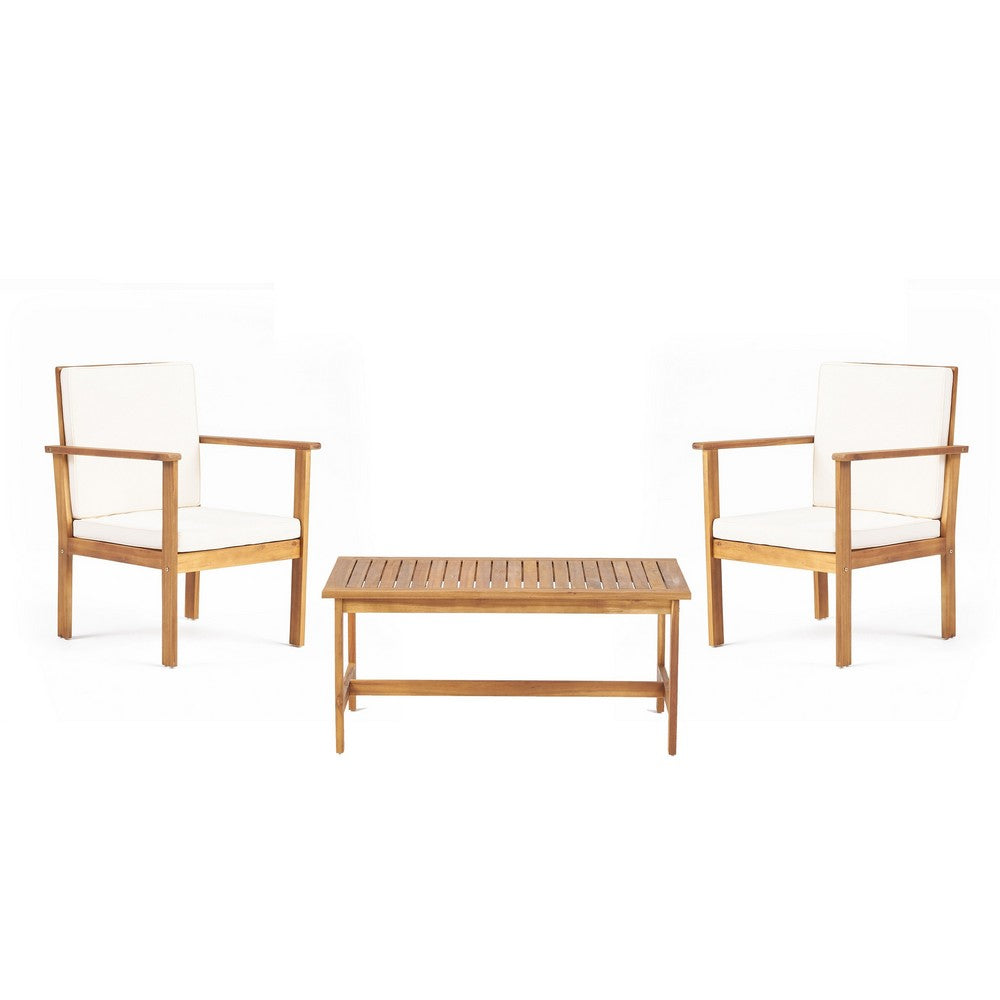 3pc Set with 2 Club Chairs, Coffee Table, Acacia Wood, Cream